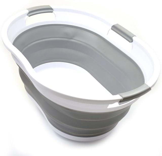 SAMMART Collapsible 36L 3 Handled Oval Laundry Basket - Foldable Storage Container / Organizer - Portable Washing Bin - Space Saving Hamper - Car Trunk Storage Box / Pet Bath Tub (Grey)