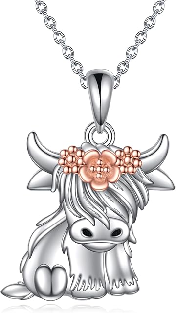 VONALA Animals Necklace Sterling Silver Highland Cow/Axolotl/Cat/Elephant/Unicorn Crystal Pendant Jewellery Birthday Gifts for Her Women Mum Animal Cow Lover Girls