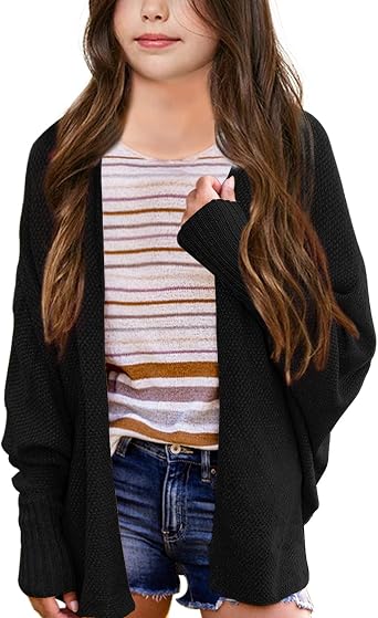 Imily Bela Girls Cardigans Kids Casual Batwing Sleeve Open Front Knitted Sweater