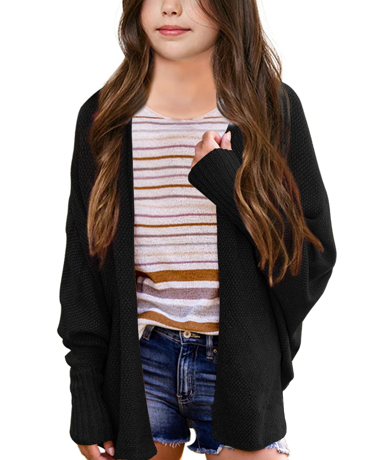 Imily Bela Girls Cardigans Kids Casual Batwing Sleeve Open Front Knitted Sweater