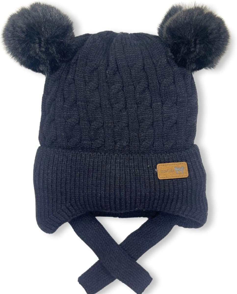 Touca Gorro Infantil de Tricô com Pompom Duplo e Protetor de Orelha, Estilo Cable Knit menino e menina 6 meses a 3 anos