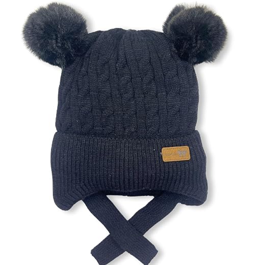 Touca Gorro Infantil de Tricô com Pompom Duplo e Protetor de Orelha, Estilo Cable Knit menino e menina 6 meses a 3 anos