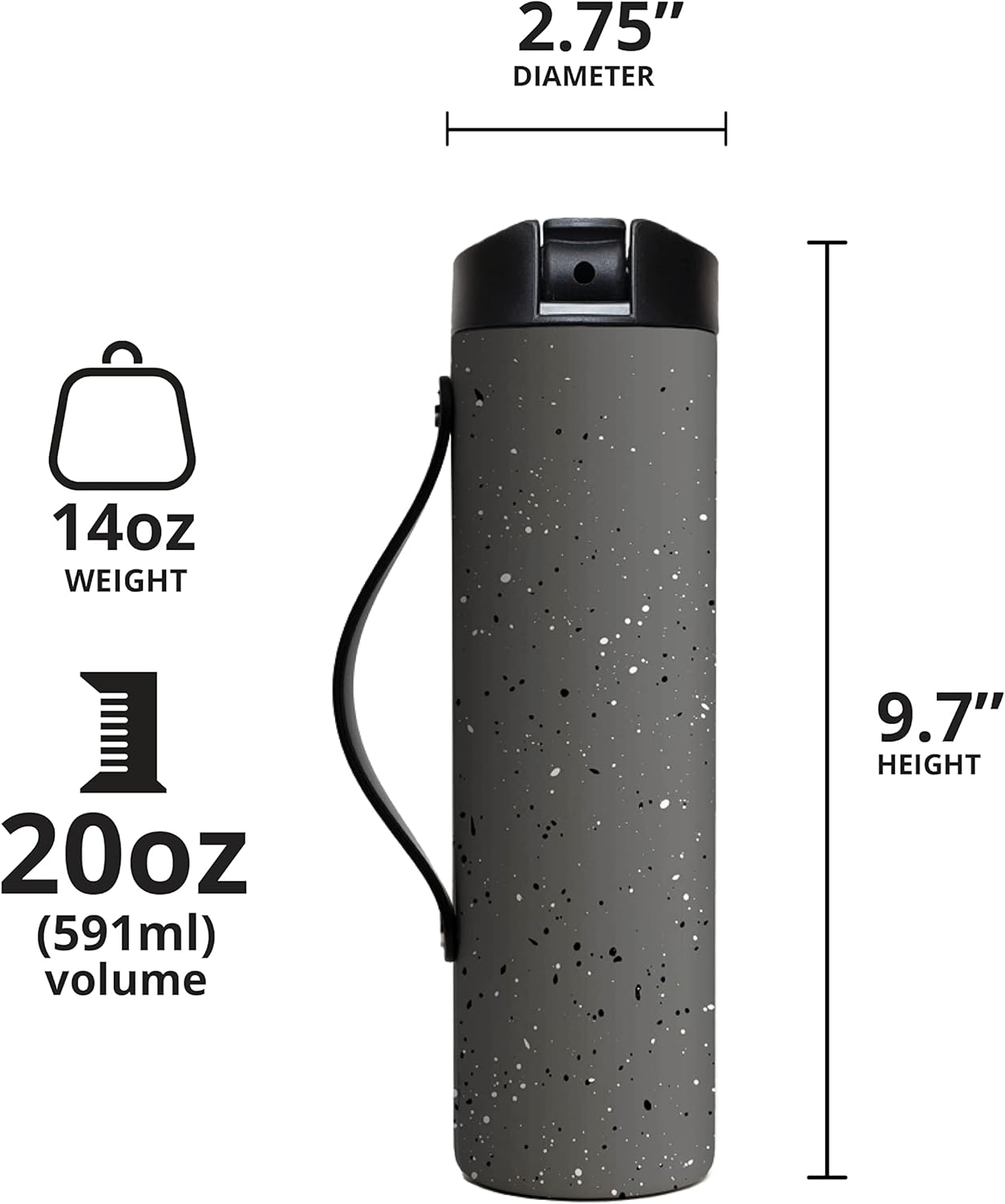 Elemental Iconic Stainless Steel Water Bottle with Straw - 20 oz Leak Proof Triple Wall Insulated Water Bottles for Travel and Sports - Reusable Gym Water Bottle with 2 Straws - Grey Speckle - Image 4