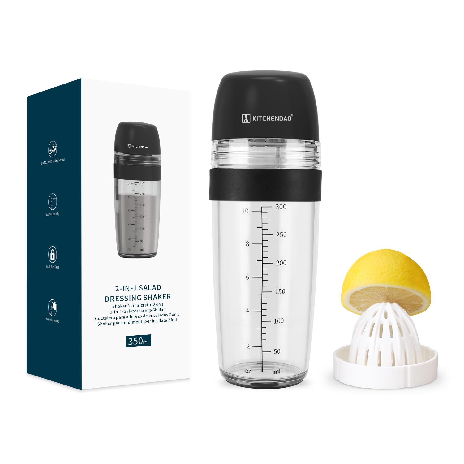 KITCHENDAO 2 in 1 Salad Dressing Shaker Container with Juicer, Pour Spout, Leakproof, Dishwasher Safe, BPA Free, Travel Homemade Oil and Vinegar Salad Dressing Bottle Mixer Dispenser, 1-1/2 Cups KITCHENDAO 2 in 1 Salad Dressing Shaker Container with Juicer, Pour Spout, Leakproof, Dishwasher Safe, BPA Free, Travel Homemade Oil and Vinegar Salad Dressing Bottle Mixer Dispenser, 1-1/2 Cups