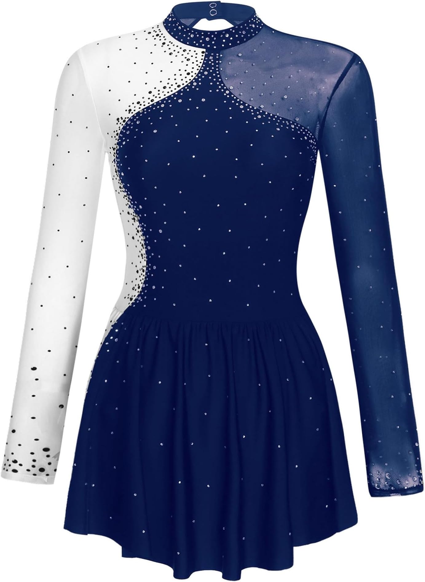 Women's Long Sleeve Figure Ice Skating Dress Shiny Rhinestone Ballet Skirted Leotard Dresses