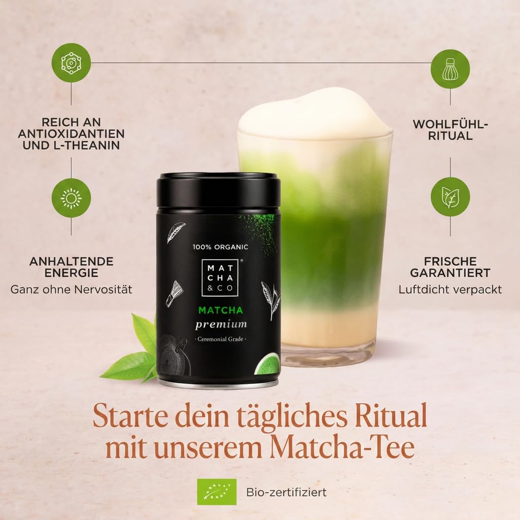 Matcha & CO 100% biologischer Premium-Matcha-Tee 80 g Zeremonielle Premiumqualität Bio-Grünteepulver aus Japan