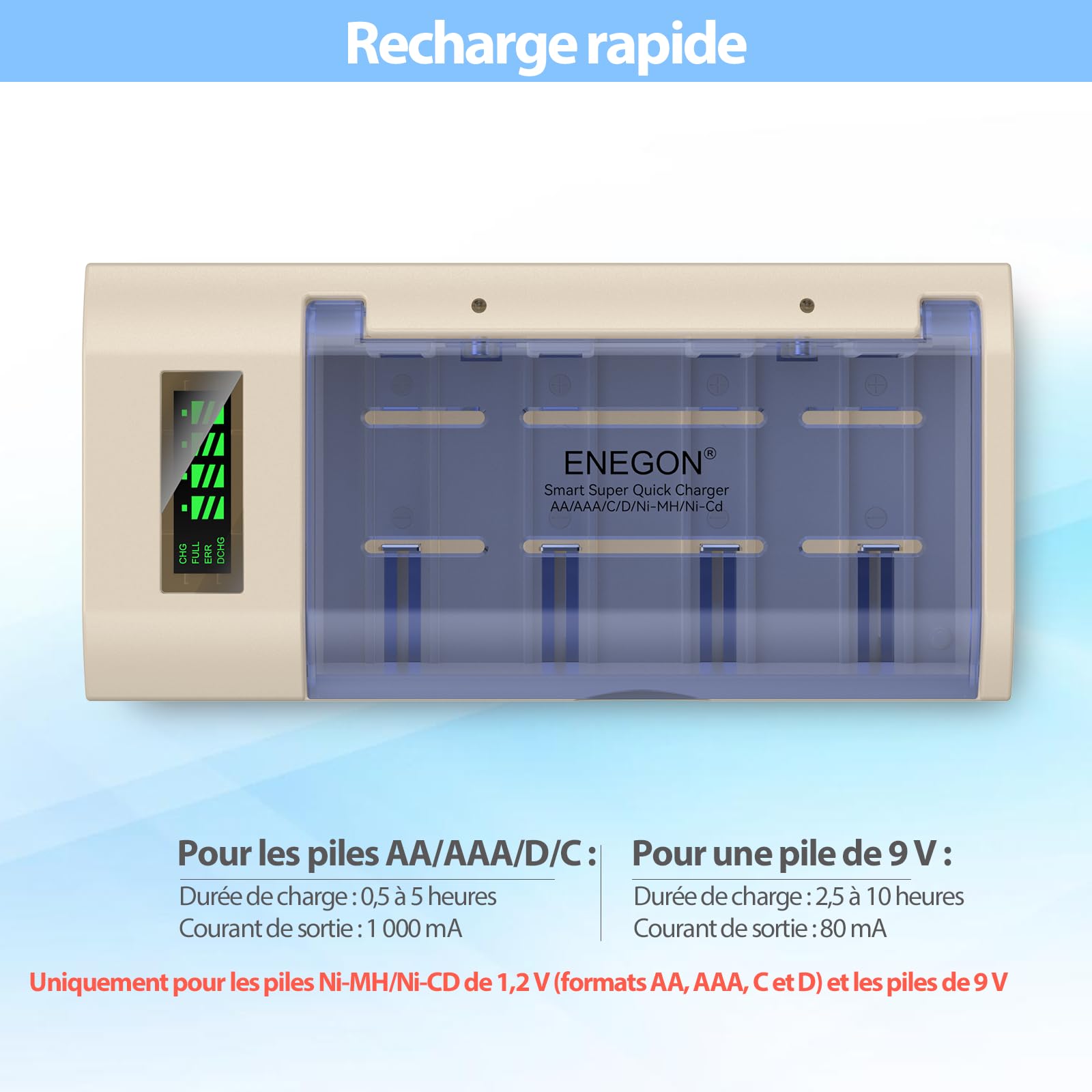 ENEGON Chargeur Universel pour Piles AA/AAA/C/D/9V NiMH/NiCD, avec écran LCD, Fonction de décharge et 4 emplacements (sans Adaptateur)