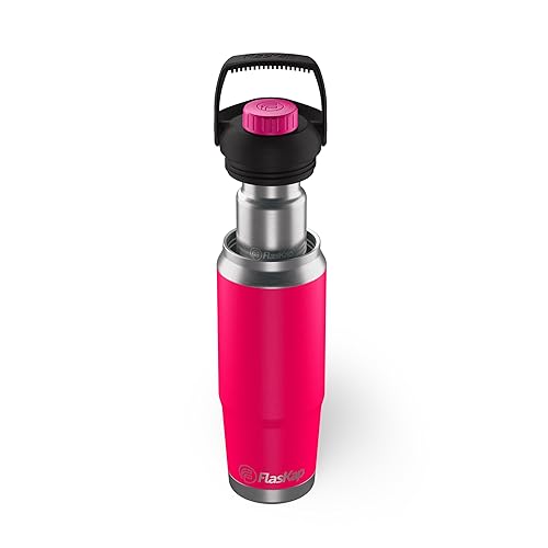 Flaskap FreePour System: 6oz Tumbler Attachment and 26oz Cup Holder Friendly Bottle, Removable Well Mixed Drink Tumbler Attachment and Water Bottle - Flip Flop Fuchsia - 26 Ounces