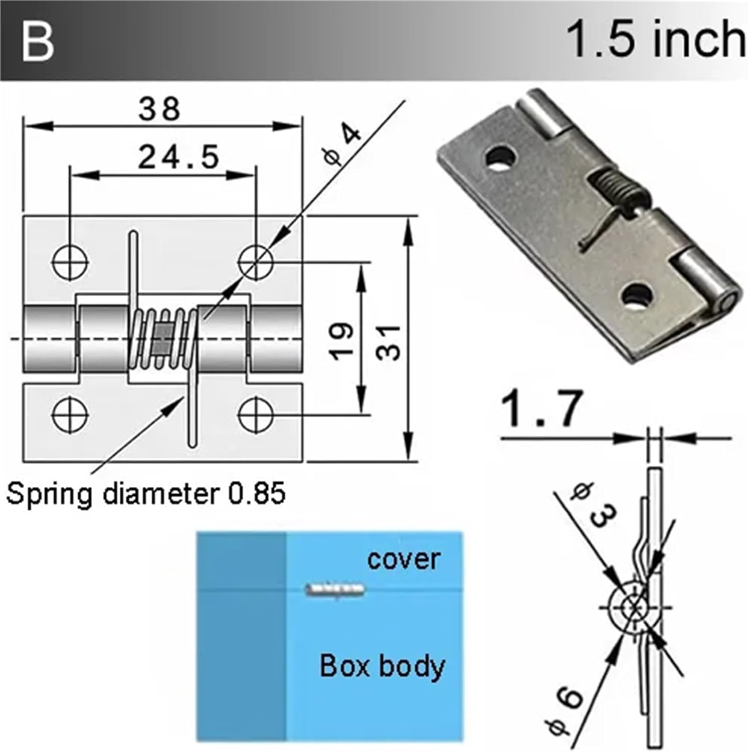 Self Closing Opening Spring Hinges with Holes 1-4 Inch 304 Stainless Steel for Industrial Cabinets(B 38x31x1.7mm)
