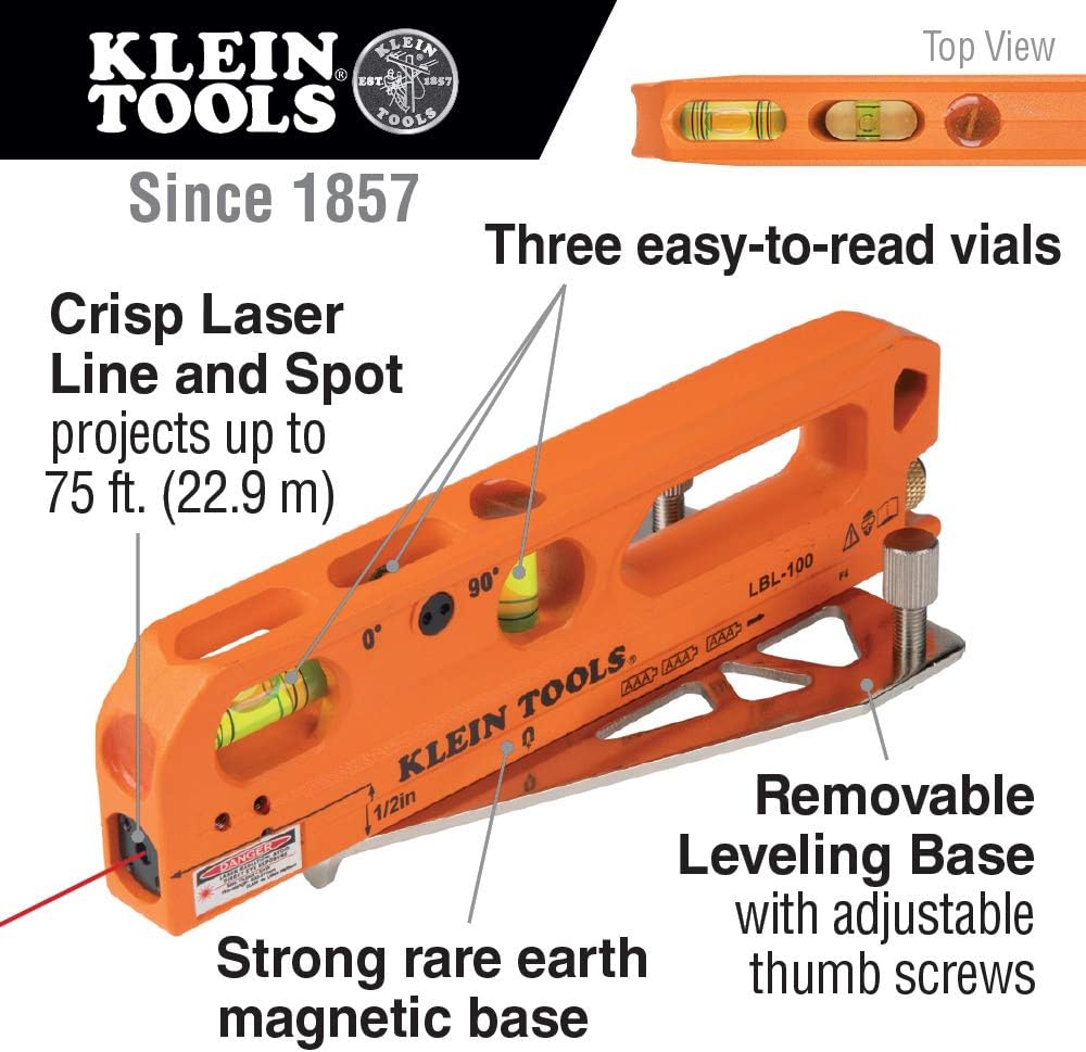 Holiday Deals 🛒 Klein Tools LBL100 Laser Level with Level Bubble Vials, Magnetic, 3-Vial with Leveling Base, Laser Line and Laser Spot