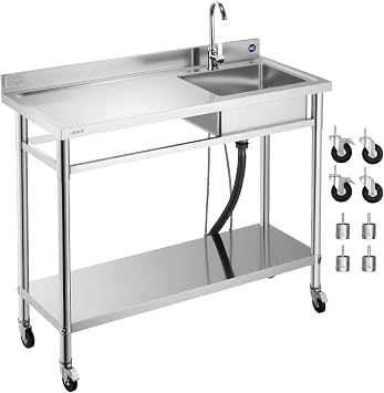 VEVOR Stainless Steel Utility Sink, Rolling Single Bowl Commercial Kitchen Sink with Wheels,Faucet and Hot & Cold Water Pipe,Utility Basin Workbench for Garage Restaurant Laundry 47.2 x 19.7 x 41.5 in