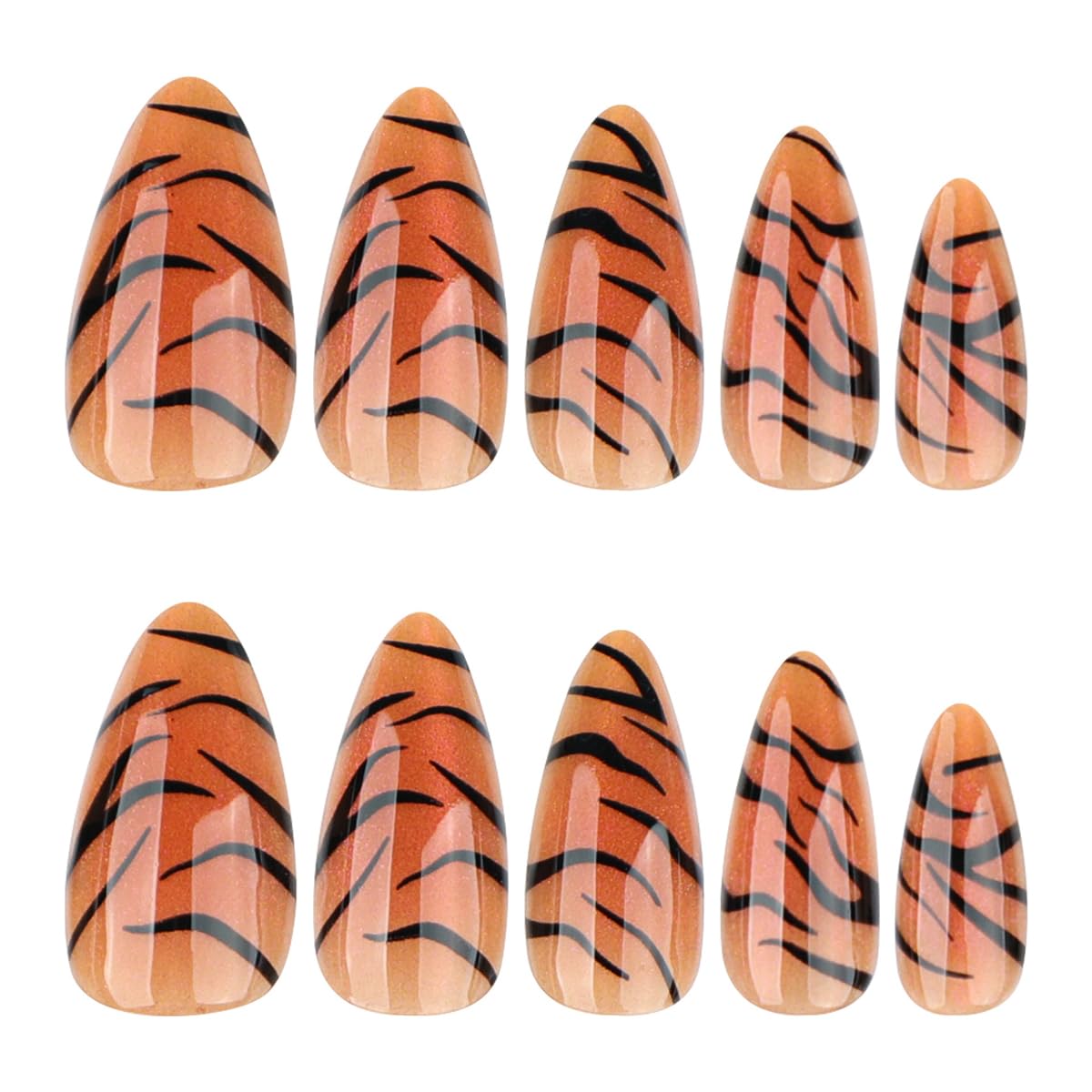 Medium Almond Press on Nails Zebra Fake Nails Orange Cat Eye False Nails with Full Cover Glossy Glue on Nail Reusable Press ons Stick on Nail for Women Manicure 24Pcs image 4
