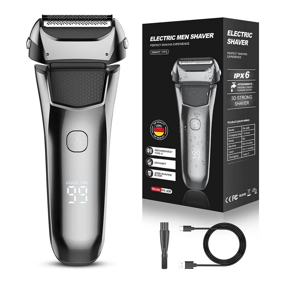 Electric Foil Shaver for Men, IPX6 Waterproof 3D Electric Razor with LED Display & Pop-Up Trimmer, USB-C Rechargeable Lightweight Handheld Shaver，Gift for Men