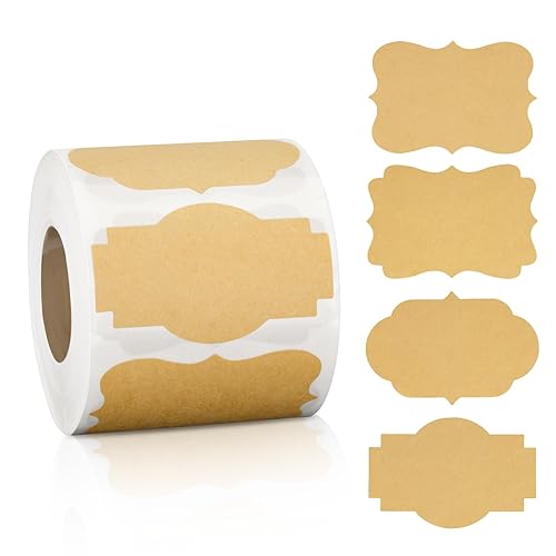 KINGLAKE Kraft Gift Labels Stickers Fancy Shape Self-Adhesive Sticker Labels 2X1.2 INCH Blank Bottle Labels 500PCS Canning Labels For Jars,Essential Oil,Kichen Containers,Gift Tags,Folders,Storage Box