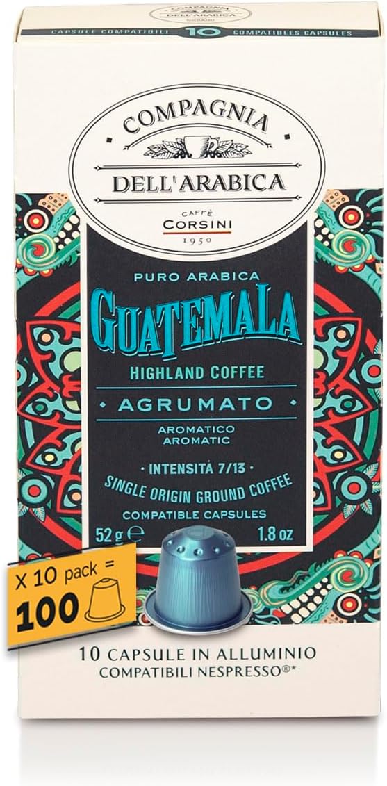 Caffè Corsini - Guatemala 100 Capsule Compatibili Nespresso, Caffè 100% Arabica, Intensità 7/13, 10 Confezioni da 10 Capsule, 520g