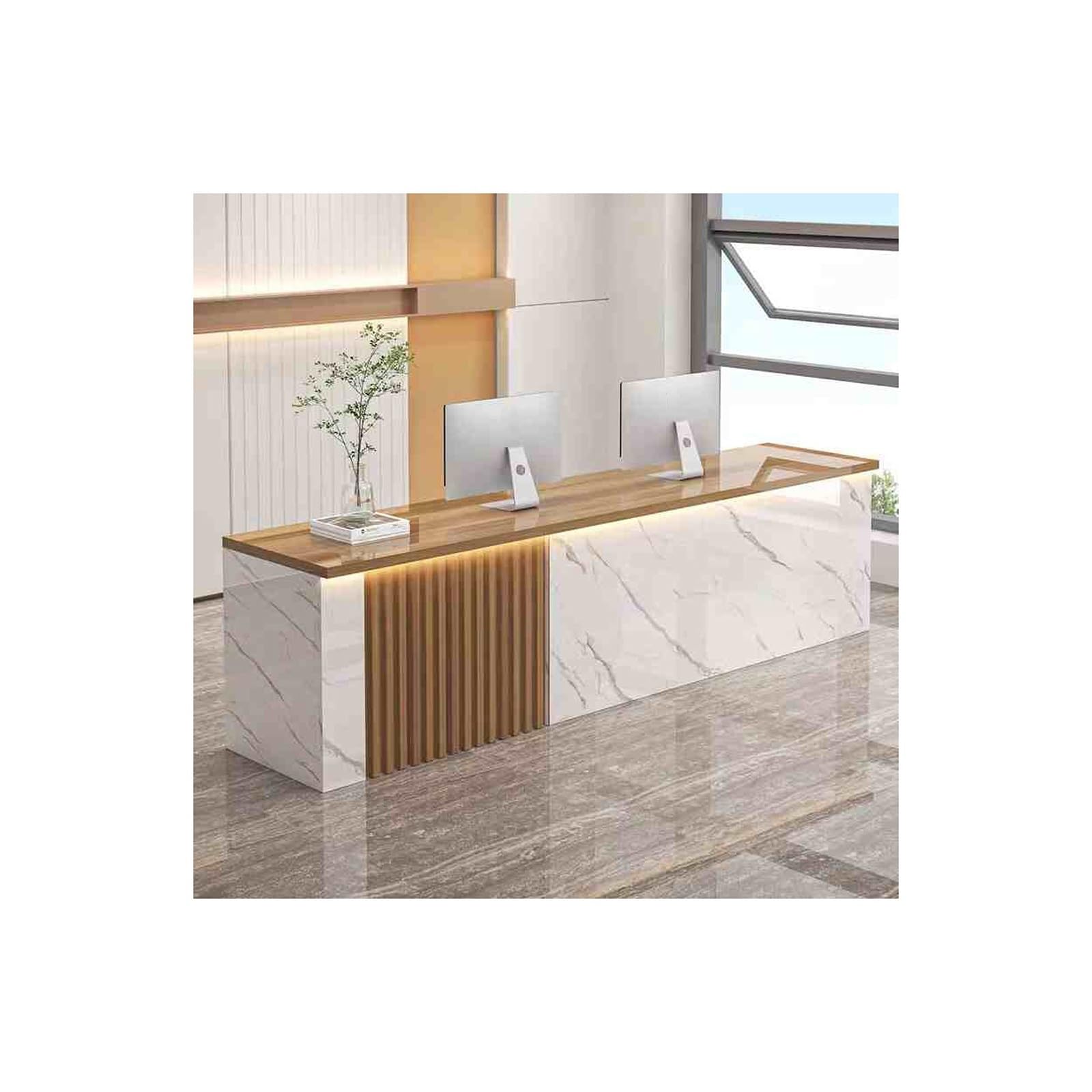 BüRotheke Rezeptionstisch RezeptionsmöBe Weiß MDF Empfangstheke Mit Sichtschutz Verkaufstisch Theke Tresen Empfang Modern HöLzerne Kassentheke Empfangstheke Mit Schubladen(White Stone-Teak)