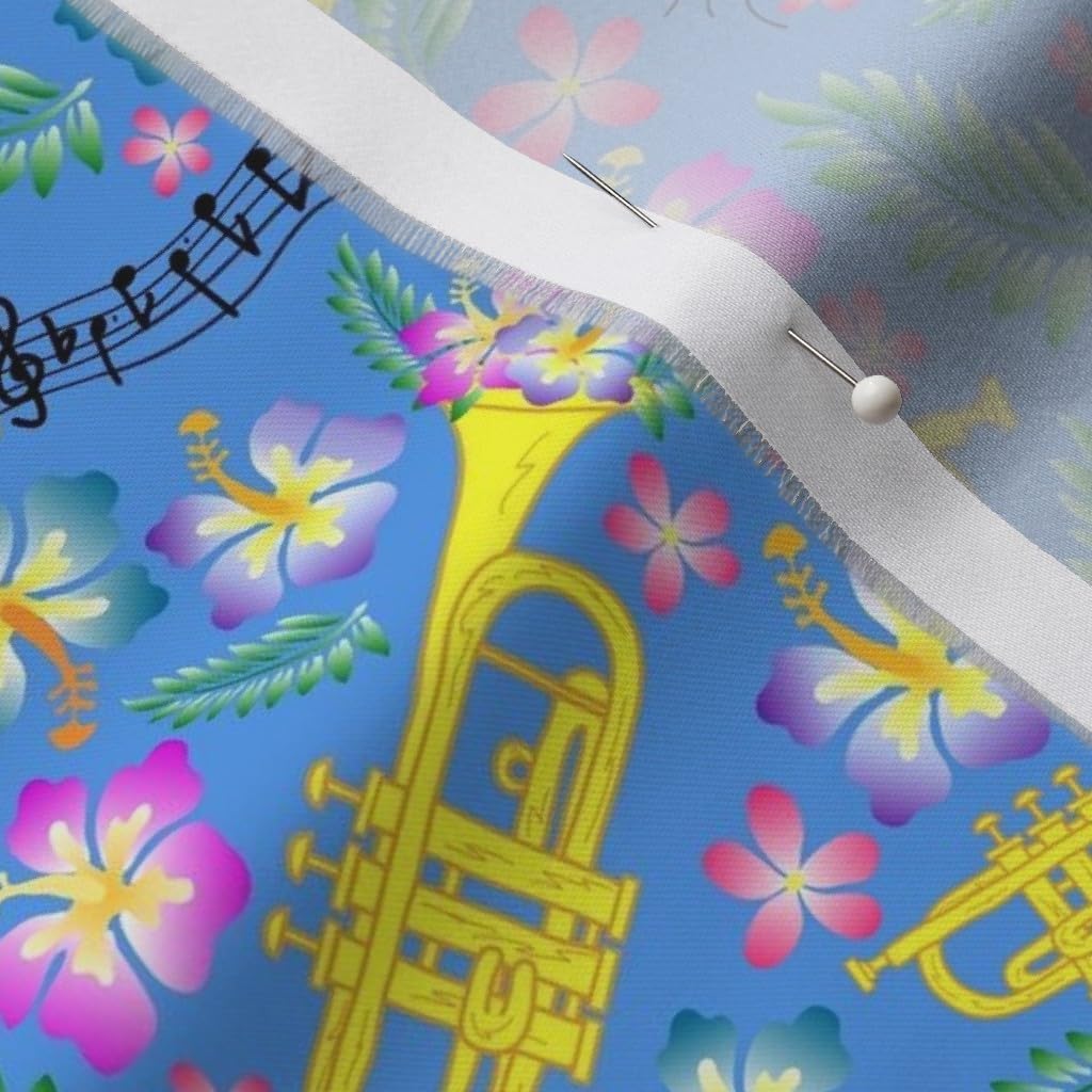 Spoonflower Fabric - Blue Trumpet Musical Instrument Classical Music Notes Hawaiian Print Printed on Organic Cotton Sateen Fabric by The Yard - Sewing Quilting Apparel Home Decor
