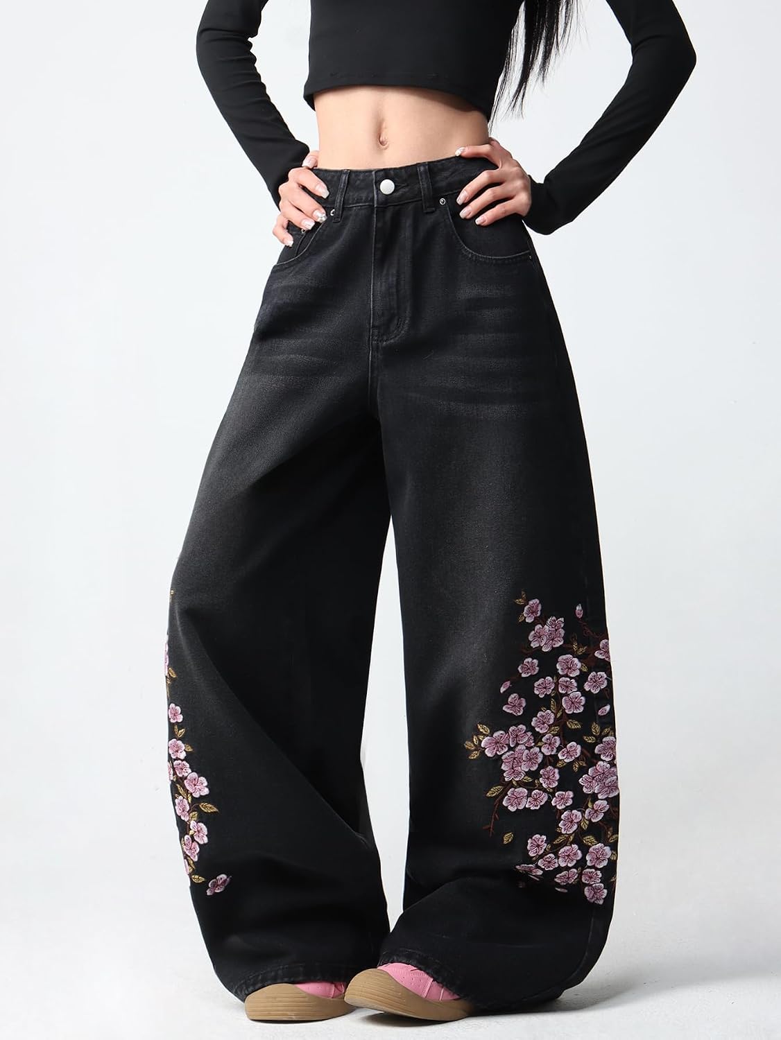 Women's Wide Leg Baggy Jeans Embroidered Stylish Denim Pants Hip Hop Relaxed Y2k Oversized Skater Trousers Streetwear