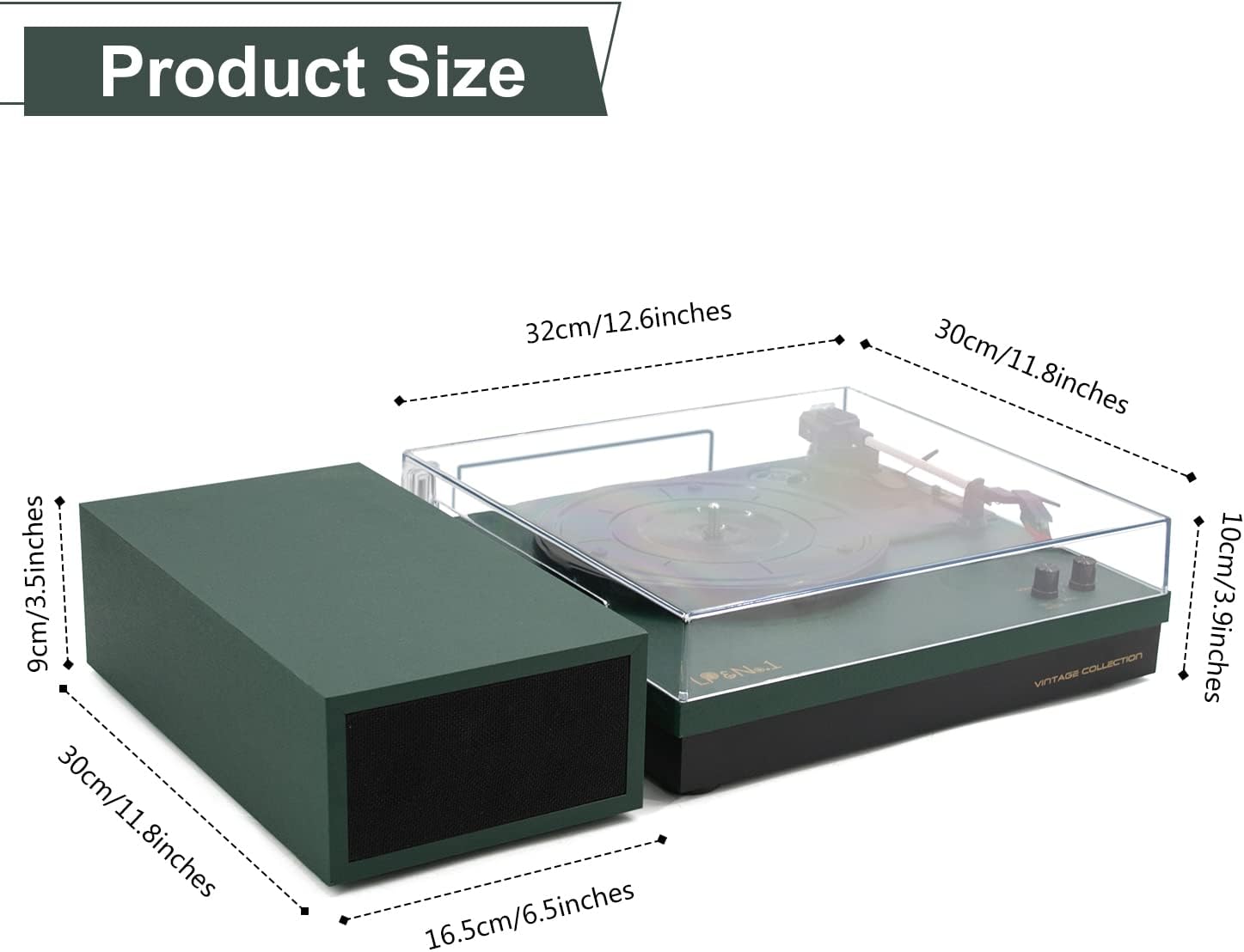 LP&No.1 Record Player with Stereo Bookshelf Speakers, Vintage 3-Speed Belt Drive Turntable, Wireless Input, RCA Output, Auto Stop Function | Dark Green - Image 6