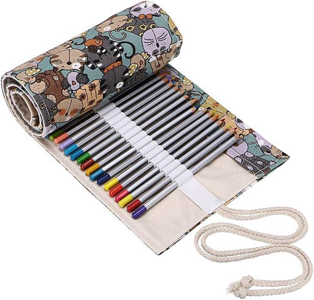 BTSKY Canvas Colored Pencil Roll Wrap 72 Slot -Coloring Pencil Holder Organizer for 72 Colored Pencils, NO Pencils (Cat)