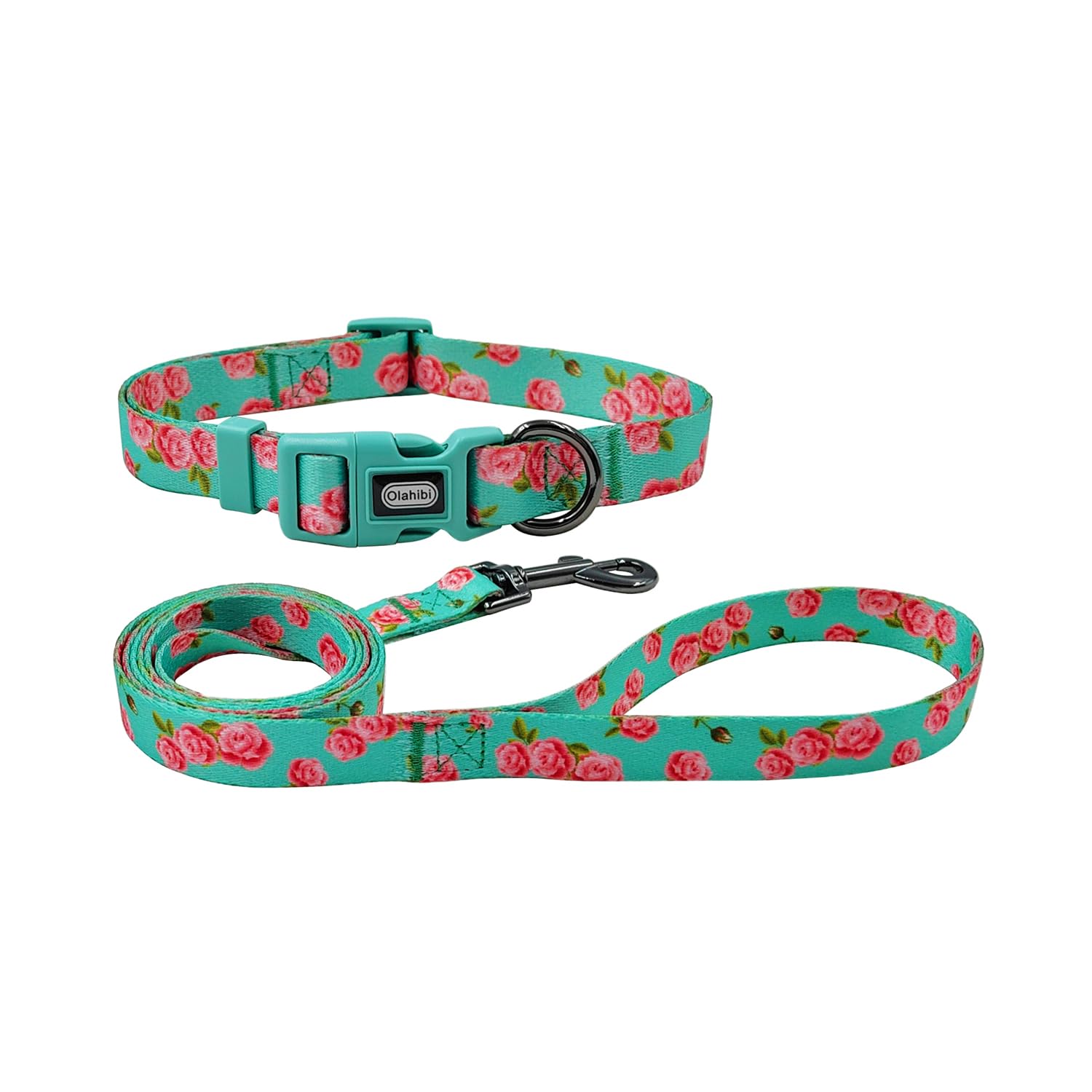 Olahibi Dog Collar and Leash Combo Set, Floral Pattern, Polyester Material, 150CM Matching Leash, for Small Dogs.(S, Green Rose)