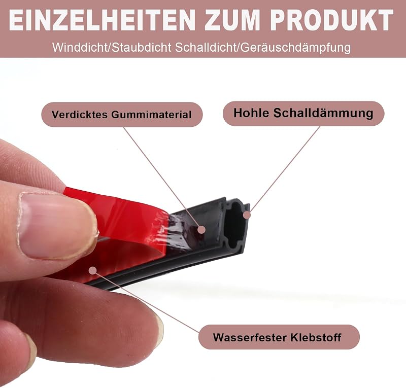 ZSRedHong Öntapadós Ajtószigetelő Szalag 12mm×8mm×6m - Vízálló Gumitömítés Ajtókerethez, Rugalmas Huzatgátló Tömítőcsík, Fekete