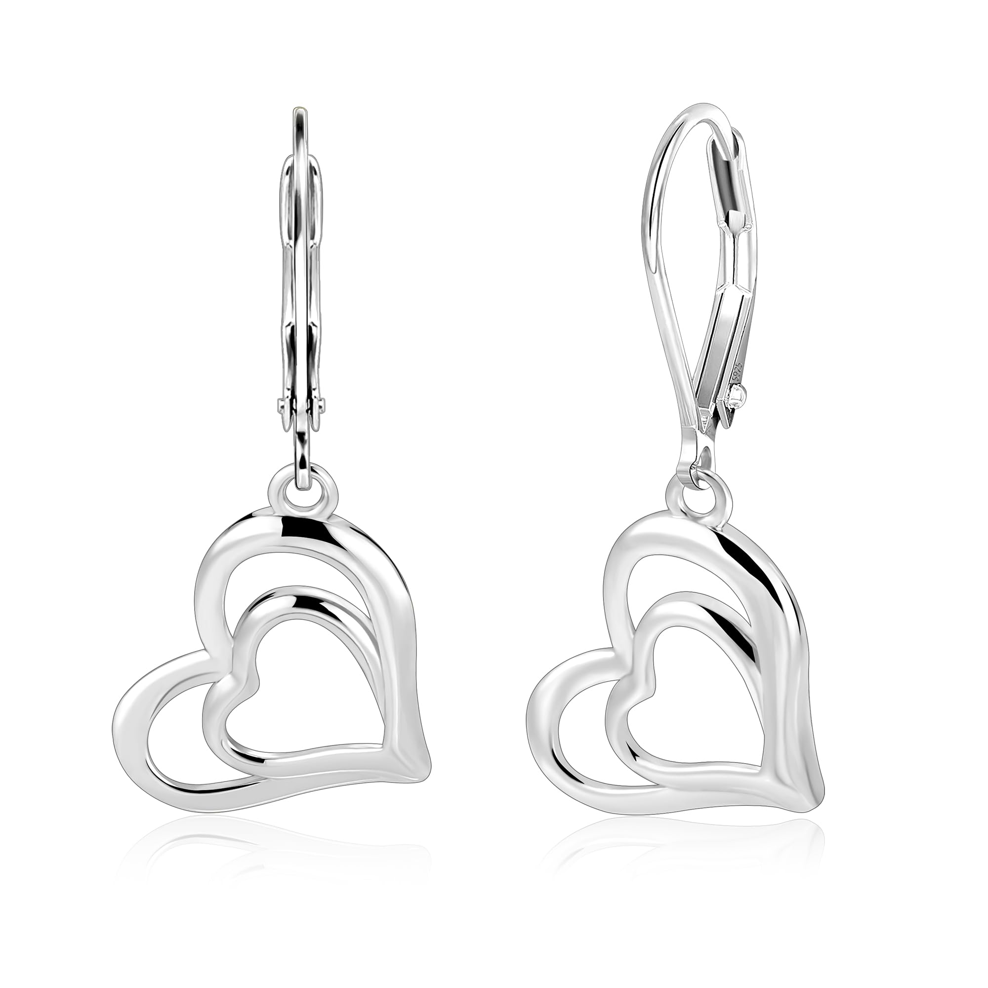925 Sterling Silver Heart Dangle Earrings for Women 14K Gold Plated Double Heart Dangling Drop Leverback Earrings for