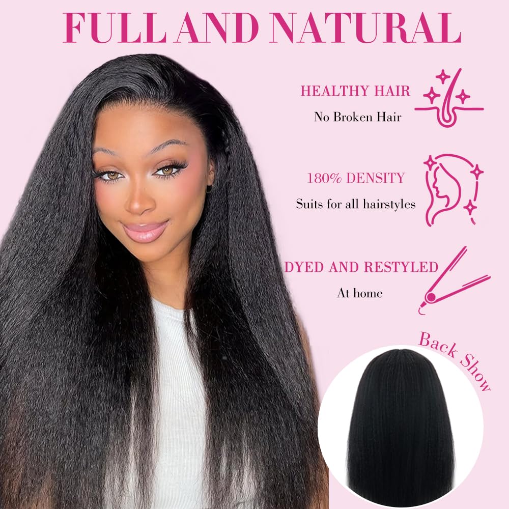 Larhali Kinky Straight V Part Wig Human Hair with Drawstring 200% Density Upgrade Glueless U Part Wig No Leave Out No Sew In V Part Wigs Kinky Straight Human Hair Wigs 18 Inch