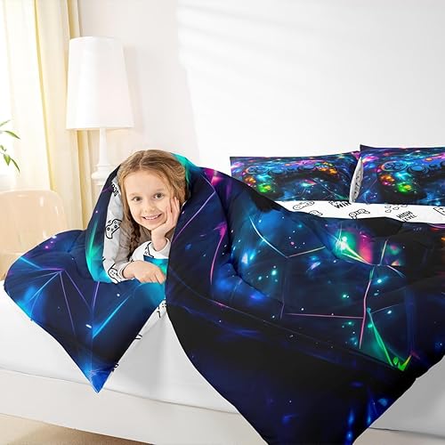 Miniatura 7 de Feelyou - Juego de edredón para niños gamers tamaño individual, juego de ropa de cama de estilo Galaxy Gaming con purpurina, juego de edredón para