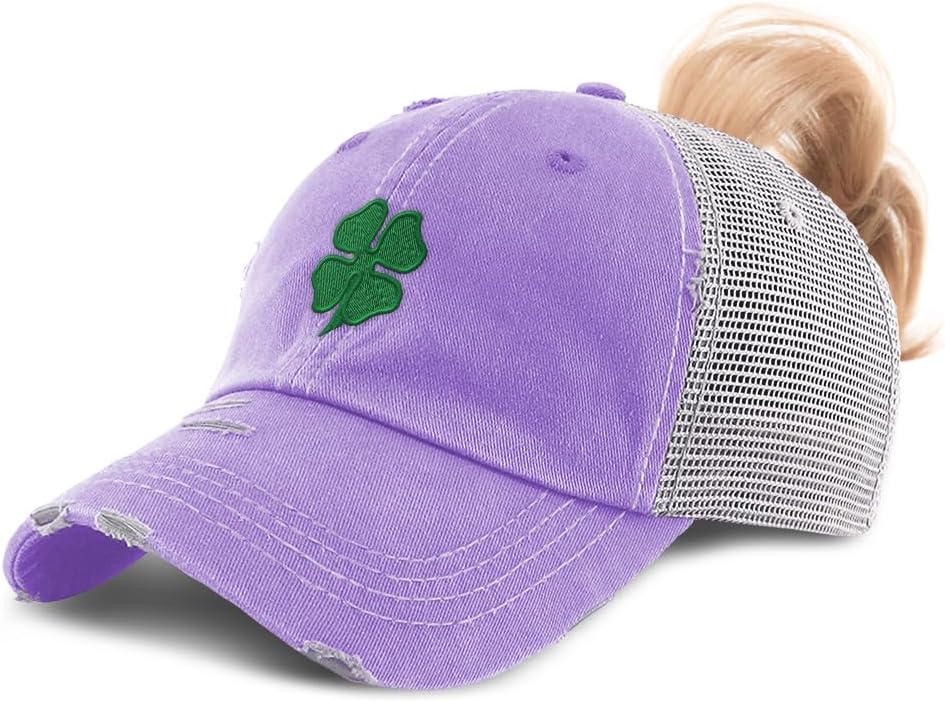 Ponytail Cap Women's Baseball Cap Embroidered Four Leaf Clover Ireland Irish St Patrick's Cotton