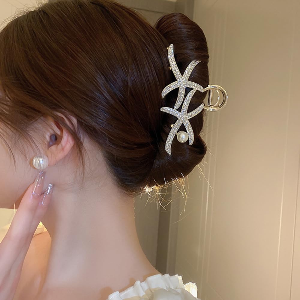 Jumwrit Pinza para el pelo con diamantes de imitación brillantes, estilo bohemio, doble estrella de mar, clip de mandíbula de metal grande para el pelo, fuerte sujeción de perlas de imitación,