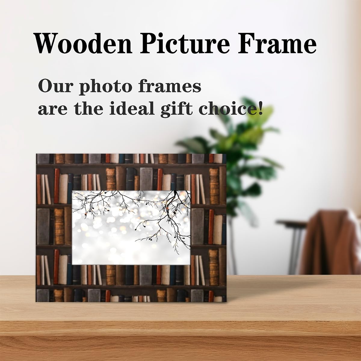 5x7 Library Bookshelf Picture Frame, Wood Photo Picture Frame, Display Pictures Wall Mounting or Table Top Display, Old Books