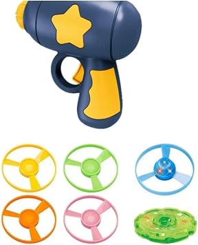 Illuminated and Colorful Flying Propeller Toy for Pets with Winding Launcher, 5 Propellers + 1 Illuminated Spinning Top