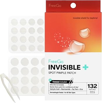 FreeGo Invisible+ Hydrocolloid Spot Pimple Patches for Face, Large Patches for Breakouts, Zit, Blemish Spot, Facial Stickers, Korean Pimple Patches 132 Counts
