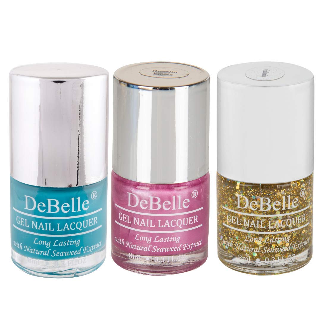 DeBelle Gel Nail Polish Combo Set of 3 Royale Cocktail [Turquoise Blue], Roselin Fiesta [Metallic Rose Pink], Galaxia [Transparent with different size Holo Glitter] - 24 ml (8 ml Each)