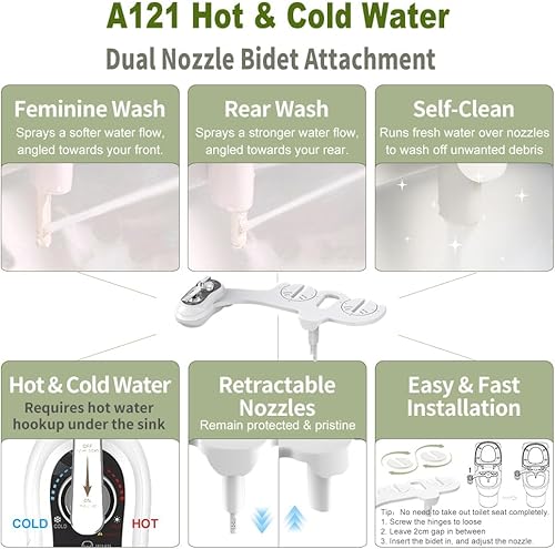 Miniatura 3 de APURE BIDET A121 - Accesorio de bidé de agua caliente y fría para asiento de inodoro - Doble boquilla - Lavado trasero y femenino - Autolimpieza -