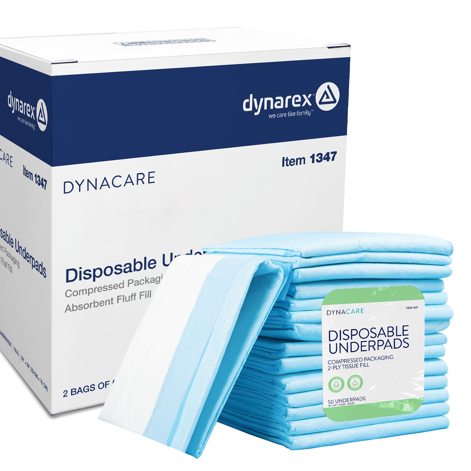 Dynarex Disposable Underpads, Medical-Grade Incontinence Bed Pads to Protect Furniture, 30”x30” (105g), with Polymer, 1 Case of 100 Pads (50 / Box)