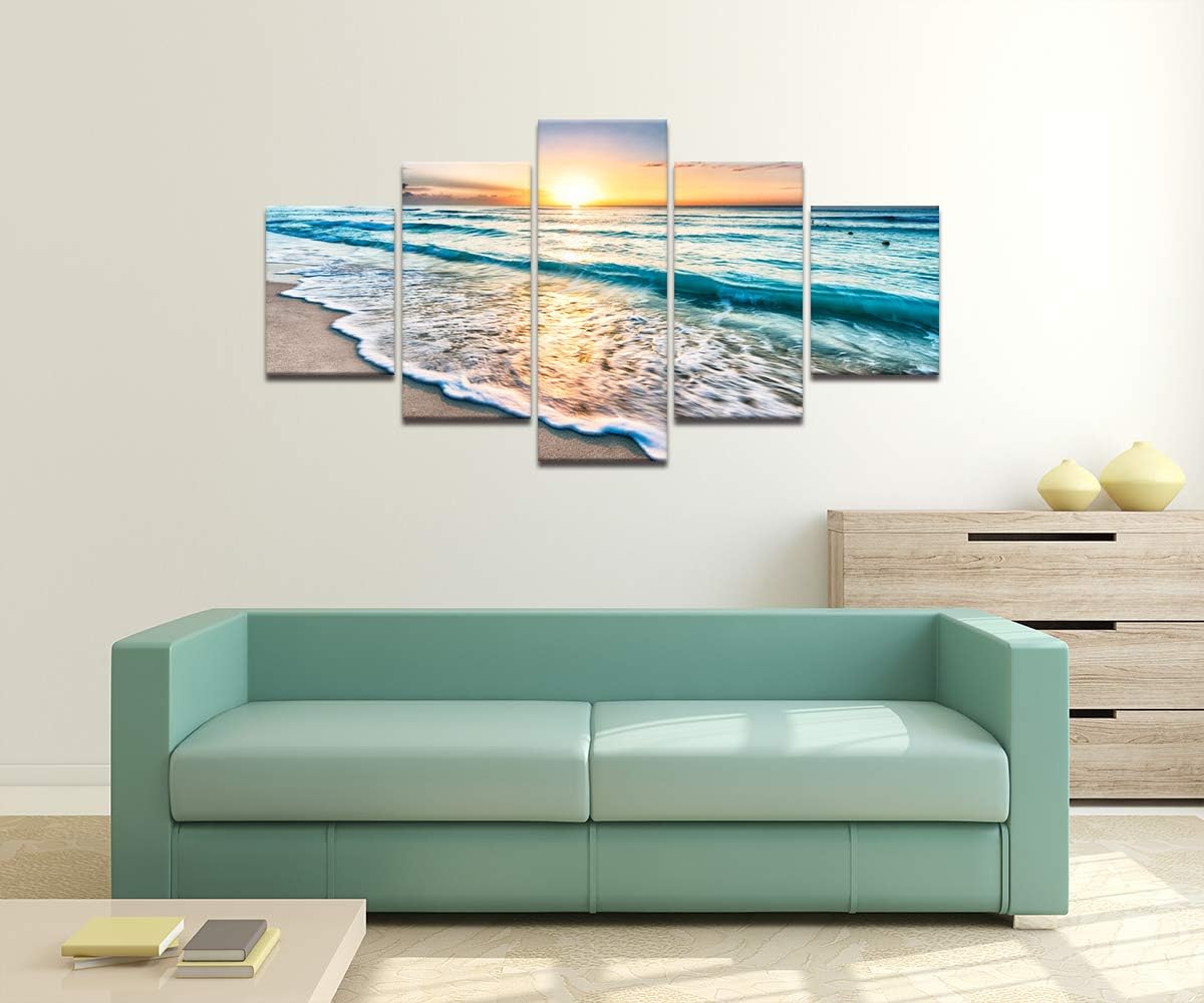 Prоduсt Dеаl 5 PCS Canvas Blue Ocean Sunrise Artwork Modern Painting,Seascape Beach HD Prints Pictures Giclee Multi Panel Wall Art for Living Room Home Decor Wooden Framed Stretched Ready to Hang(60''W x 32''H)