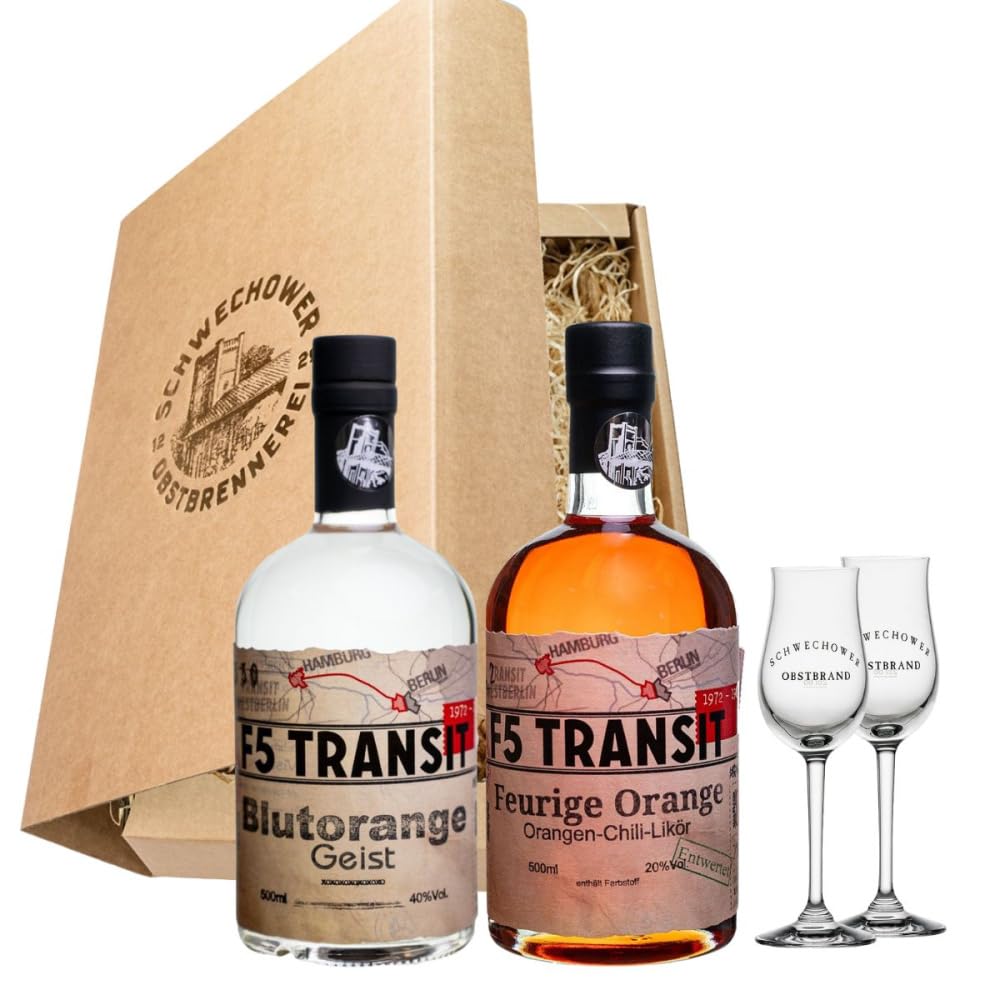 Schnapsgeschenk Nr. 15248 | F5 Blutorange Geist 0.5l (40% Vol) + Feurige Orange - Orange-Chili-Likör 0.5l (20% Vol)+ 2 Gläser in Geschenkkarton mit Goldprägung | Schwechower Brennerei (1229)