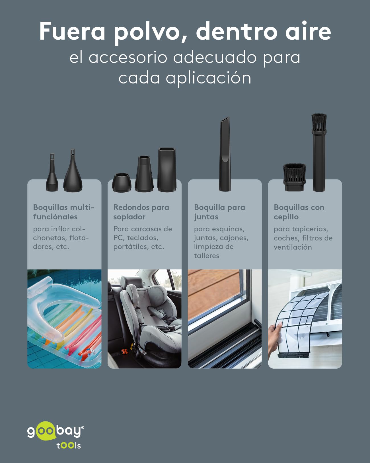 goobay Soplador de aire eléctrico, negro, inalámbrico, 100 W, 110.000 rpm, 3 niveles de potencia, con 8 boquillas, 3 cepillos y batería recargable USB-C, 77830