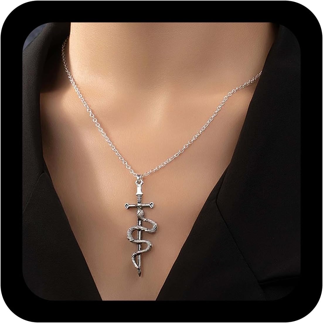 YienDoo Punk Snake Necklace Silver Vintage Sword Cross Pendant Necklace Unique Matching Sword Through Serpent Necklace Gothic Dagger Knife Animal Snake Necklaces Jewelry for Women