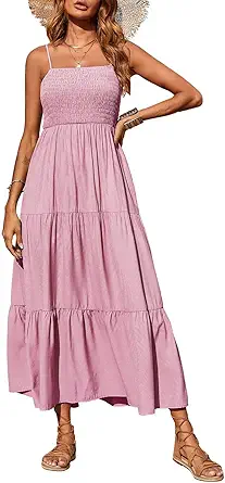 PRETTYGARDEN Women's Summer Maxi Dress Casual Boho Sleeveless Spaghetti Strap Smocked Tiered Long Beach Sun Dresses