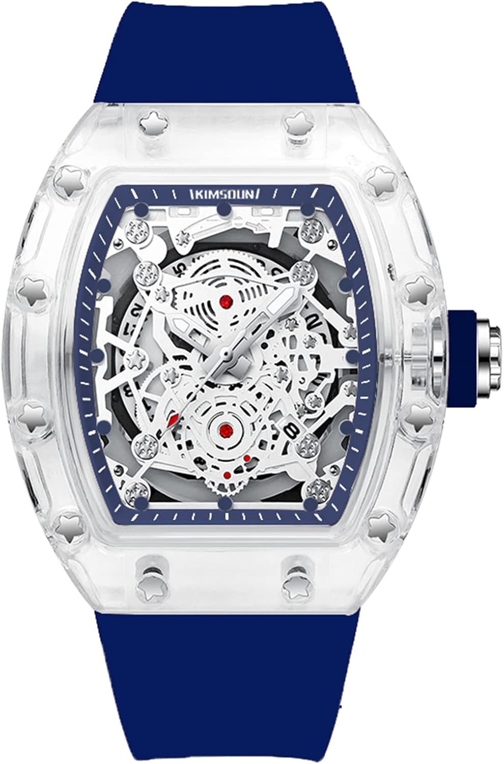 KIMSDUN-Stylish Skeleton Sport Watches, Waterproof, Analog Quartz Date Calendar Wristwatch, Transparent Tonneau Case Casual Watch, Silicone Strap for Men Unisex (Blue-Blue) TP-K-2015B