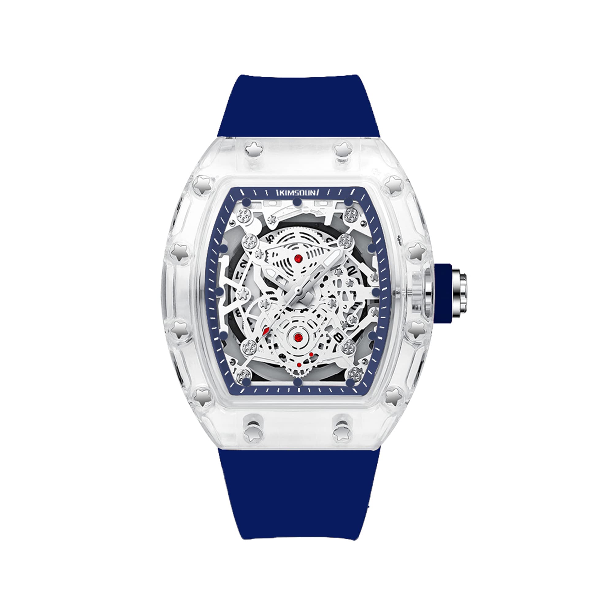 Eleganti orologi scheletrati sportivi, impermeabili, con movimento analogico al quarzo, datario e calendario, da polso, con cassa tonneau trasparente, orologio casual, cinturino in silicone