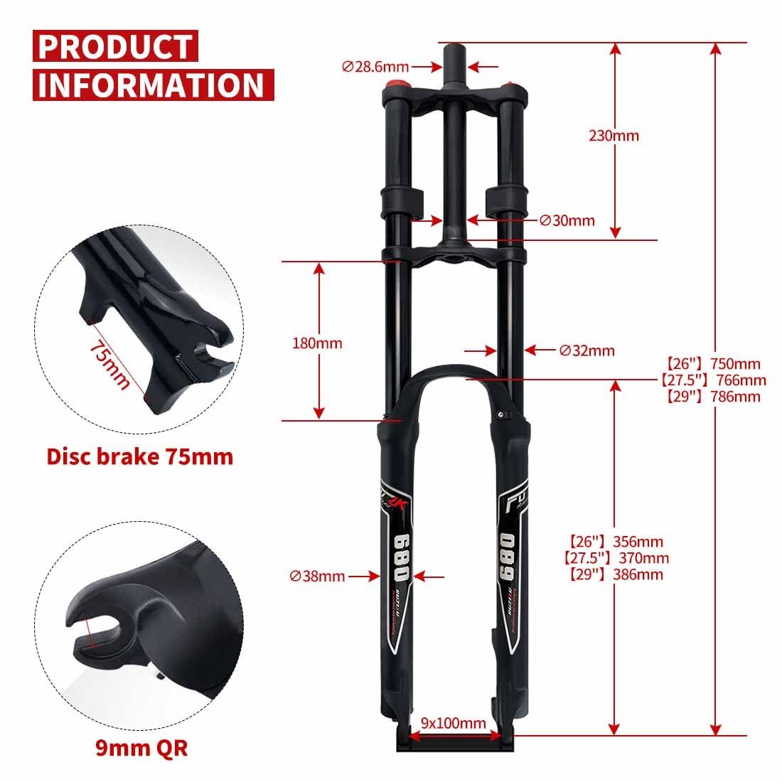 DH Bike amortyzowany widelec 26/27,5/29" Mountain Air Double Shoulder Downhill zawieszenie przednie z 145 mm skokiem sprężyny i hamulcem tarczowym 9 x 100 mm QR MTB/AM/FR
