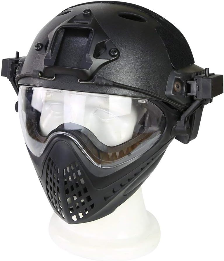 Tactical PJ Fast Airsoft Helmet & Removable Full Face Mask Goggle for Hunting Shooting CS Game Wargame Military（Black Helmet）