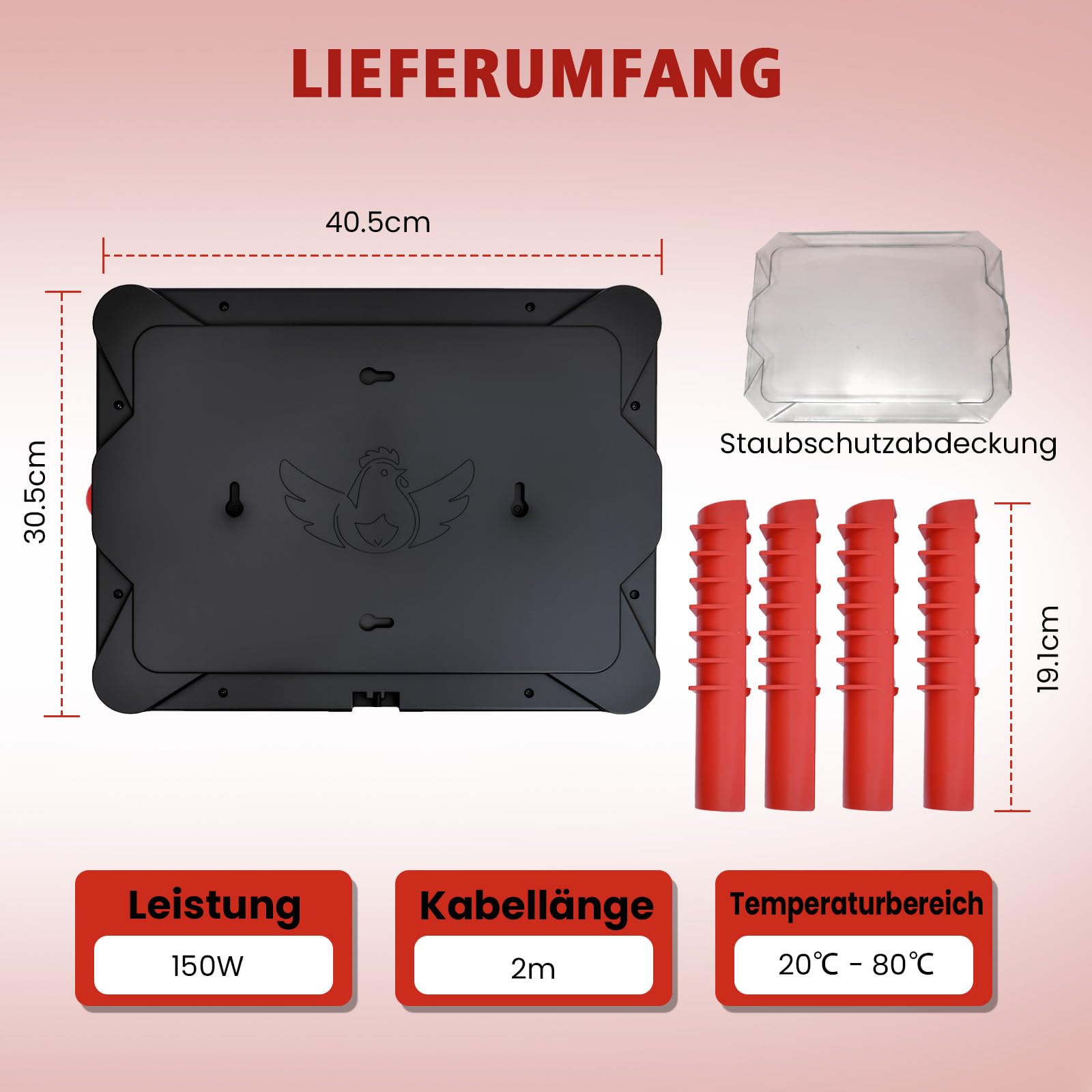 Wärmeplatte Küken,Temperatur einstellbar 20–80°C, Kükenwärmer & Hühnerstall Heizung 2-in-1,Heizplatte für Kükenaufzucht ,Kunstglucke, Alternative zur Wärmelampe, 150W 30x40cm
