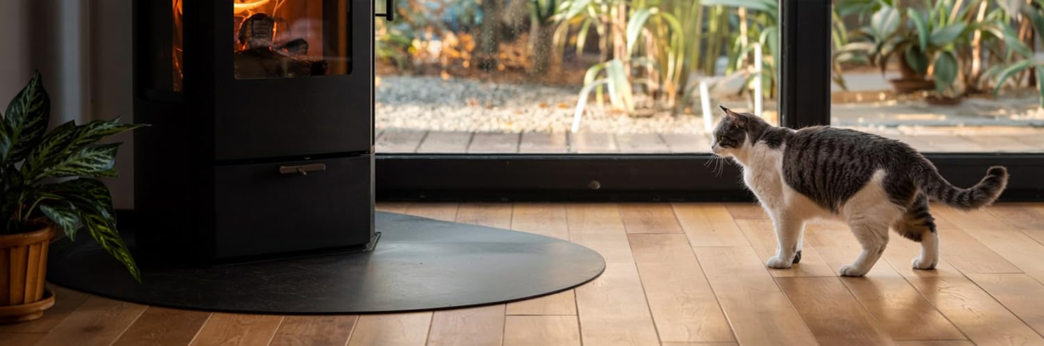 Kamin Bodenplatte Rundbogen 80x90 cm | Robuste Stahlplatte | Untergrundschutz im Wohnzimmer | Funken- und Kratzfest | Hitzeschutz | Schwarze Platte | Leicht zu Reinigen