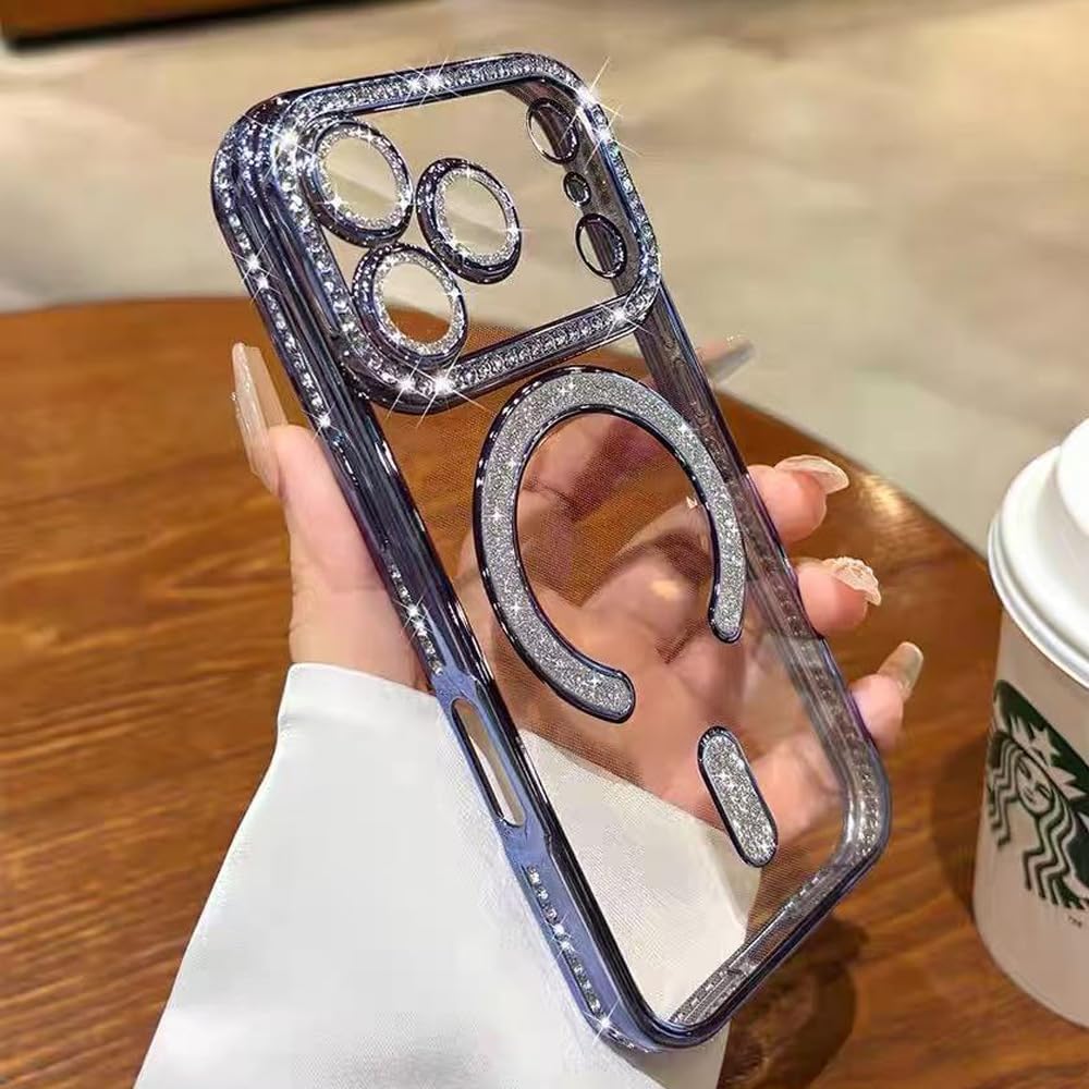 QSIETSPY Magnetic Case for iPhone 17 Pro Max 6.9"[Compatible with MagSafe] with Sparkle Diamond Camera Protection Shockproof Clear Cute Glitter Bling Phone Case for iPhone 17 ProMax,Blue image 5