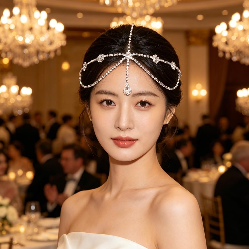 Silver Rhinestone Head Chain with Crystal Pendant Layered Headpiece for Women, Festival, Valentine’s, Prom & Costume Hair Accessories